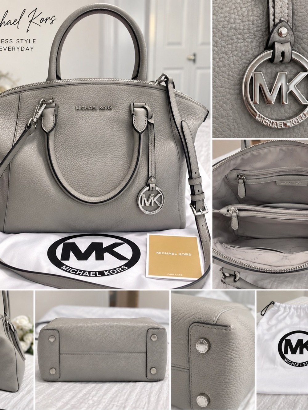 Michael Kors Light Grey Pebbled Leather Satchel with MK Charm